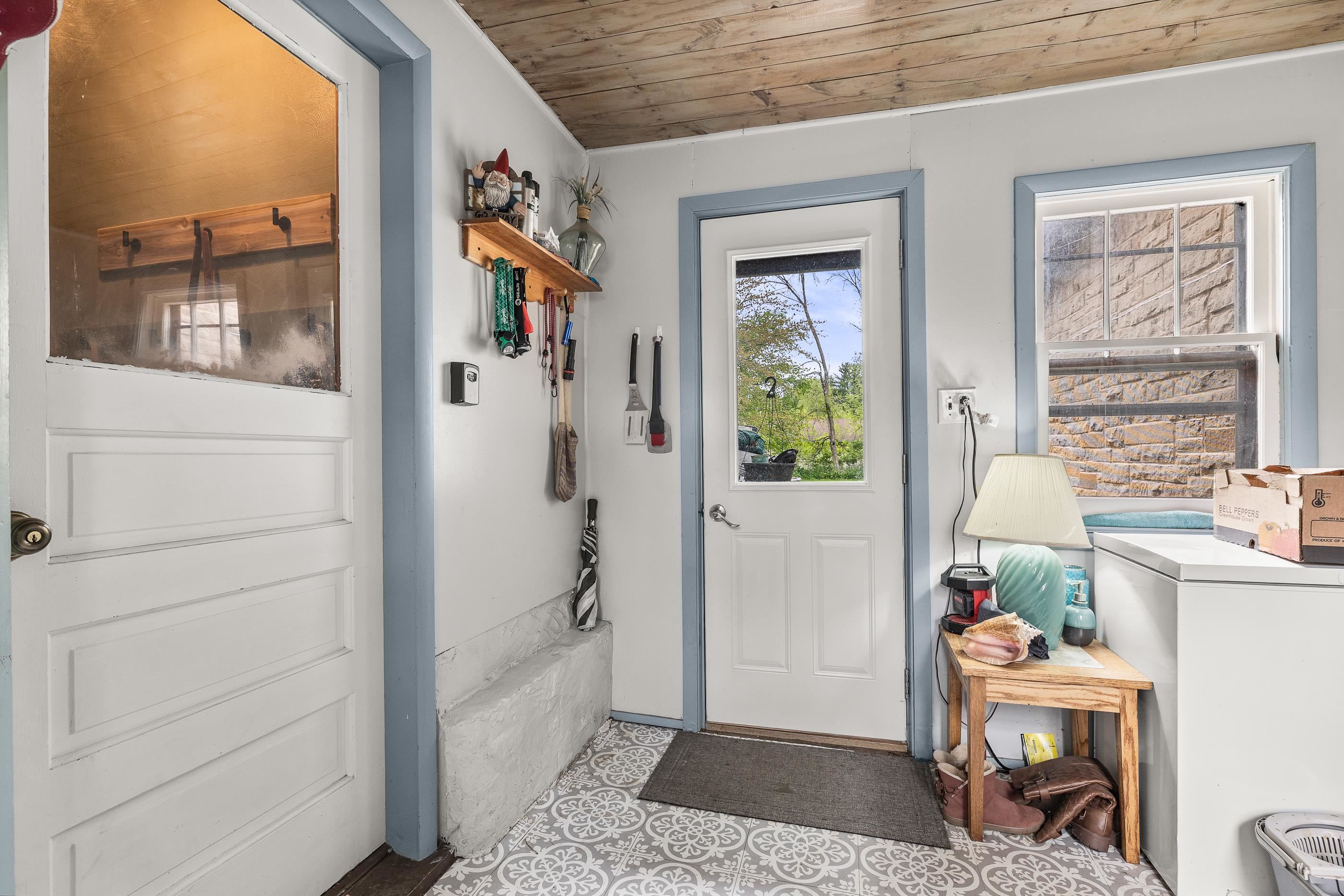 Left is door to house. Straight ahead is view to back yard. To the right would be the garage.