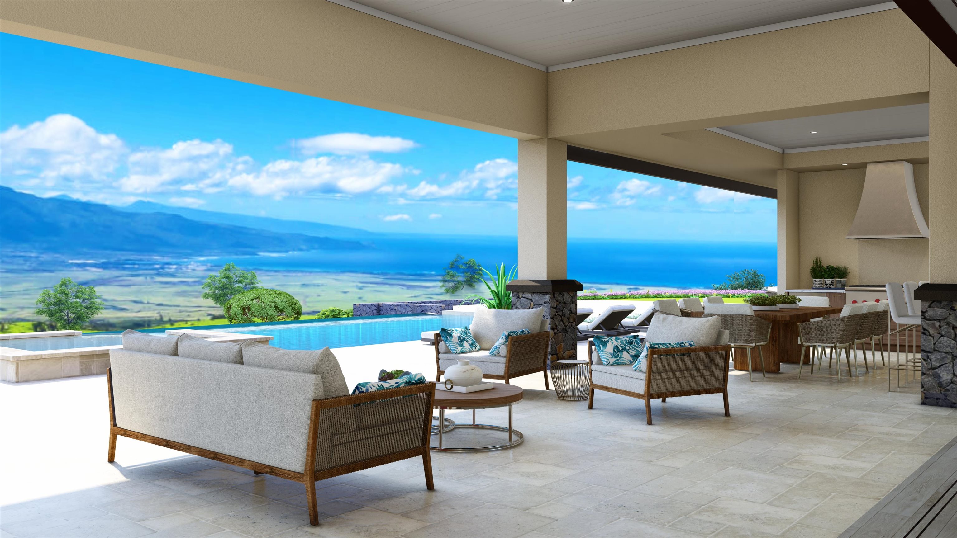 Sweeping ocean and mountain views define the landscape of this new luxury construction in Maui's gorgeous new development - Kula I'o. With a total of 6,216 sq. ft. of refined living space, including a 998 sq. ft. ohana, 2,344 sq. ft. of covered lanai space, and a garage/storage area of 1,728 sq. ft. The home is scheduled to be completed by December 15, 2022.  The home sits on 3.6 glorious acres in Kula I'o. This new luxury construction built by Crescent Homes Maui will boast the very best finishes and construction materials, with fine tile and stone used throughout, custom wood cabinetry, luxurious bathroom fixtures, and best-in-class appliances in the kitchen including a 36" Wolf Gas Range, a 24" Wolf Standard Microwave, a Cove Dishwasher and a Subzero Refrigerator.  The main home's design presents two wings flanking the great room adjacent to the kitchen and dining room. The great room opens onto a stunning lanai with a covered built-in barbecue area, pool, and jetted spa.   The left wing is home to the first master suite, which has a privacy garden, dressing room, and luxurious bath. Two additional bedrooms, each with en-suite baths, are located on the same wing.  The right wing houses the second master suite, which has direct access to the covered lanai and a privacy garden; the second master boasts its own luxurious bathroom and dressing area. Another guest room and a media room are also located on this wing.  The separate, two-bedroom, two-bath ohana offers a private garage, living room and kitchen, and covered lanai with barbecue. The ohana is self-contained, making it ideal for guests and visiting family.   Kula I'o is a beautiful new development offering gorgeous views of South and West Maui coastlines.