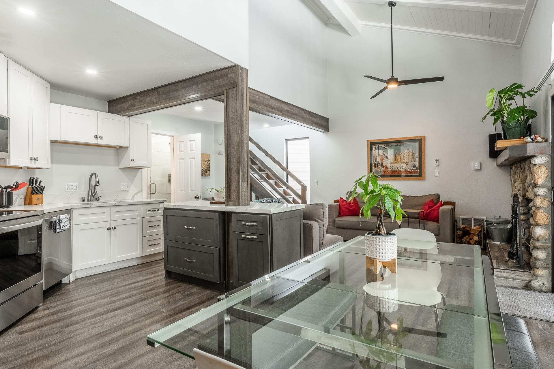 Beautifully remodeled townhome in the center of Mammoth Lakes, California! This three-bedroom, two-bathroom condo has been completely renovated with luxury vinyl flooring, spa-like bathrooms, quartz countertops in the kitchen, recessed lights, smart thermostats, and so much more! The kitchen was rearranged to make it much more inviting. You really have to see this one in person to appreciate it. The upstairs loft was converted into a bedroom and has a sink, perfect for guests staying up there and needing to brush their teeth or a glass of cold water. This location is one of the most convenient in town, being within moments of popular restaurants, grocery stores, and shuttle stops, including the Red Line to the Village and the Green Line to Mammoth Mountain Eagle Lodge in the winter. Take an evening stroll on the Town of Mammoth Lakes' Multi-use Path to see some incredible close-up views of the Sherwin Mountains. The Sherwin Villas condos are well-kept and have some excellent amenities, including two hot tubs, sauna, pool, and tennis court. This home comes fully furnished which makes it perfect for full-time living, a second home, and/or a short-term rental.