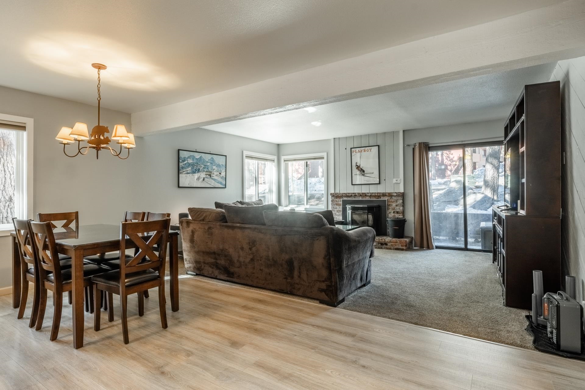 This beautifully updated one-bedroom corner unit is filled with natural afternoon light and located in one of Mammoth’s most sought-after complexes. Thoughtfully upgraded throughout, the condo features new luxury vinyl plank flooring, carpet, fresh paint, updated lighting, and a Town of Mammoth Lakes-compliant pellet stove for cozy winter nights. The kitchen has been fully remodeled with quartz countertops, stainless steel appliances, a farmhouse sink, and refreshed cabinetry. The bathroom includes a new vanity, luxury vinyl plank flooring, and an upgraded wall heater for added comfort. All dual-pane windows and window coverings have been replaced, and new carpet adds warmth to the bedrooms. The unit is sold fully furnished with stylish, new pieces, and also includes a washer/dryer, interior and exterior storage closets.  Additional updates include new wall heaters and thermostats throughout. Enjoy the convenience of nearby restaurants, bars, entertainment, and the Mammoth Trolley. The well-maintained complex offers amenities such as a pool, spa, sauna, and tennis court. Reasonable HOA dues include cable and WiFi. Whether you're looking for a mountain retreat, full-time residence, or investment opportunity, this move-in-ready condo checks all the boxes.