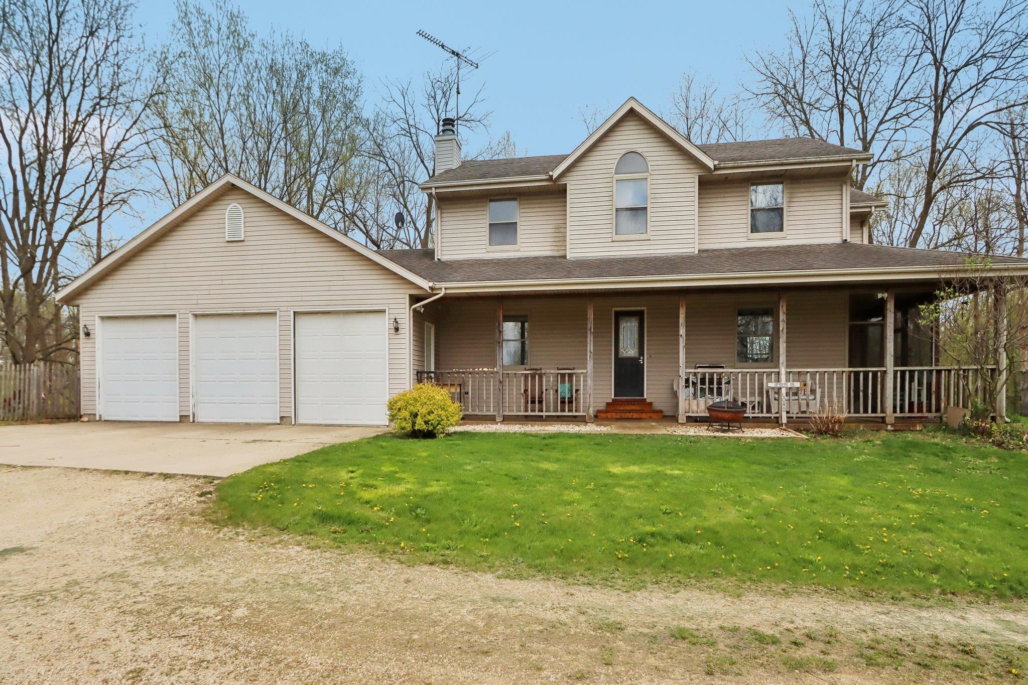 Fisherman's Paradise! Fully stocked pond/lake w/private island. Large 2 Story home w/gorgeous wrap around front porch. Extra big 3 car attached garage w/attic storage. Supersized kitchen w/breakfast bar, pantry. Main level family room (w/fireplace) & separate living room. Formal dining room plus a dinette area. Bedrooms plus small reading nook/loft area on 2nd floor. 2nd floor laundry room conveniently located near bedrooms. Large master bedroom suite w/separate shower w/double shower heads, big jetted tub. Knotty pine rec room/office in basement w/lots of square footage left to finish. Roughed for 4th bath. Beautiful 5 stall horse barn (24x36) w/ concrete floor & extra tall garage doors at each end. Trails throughout the 18.75 acres.  AS -IS Sale.