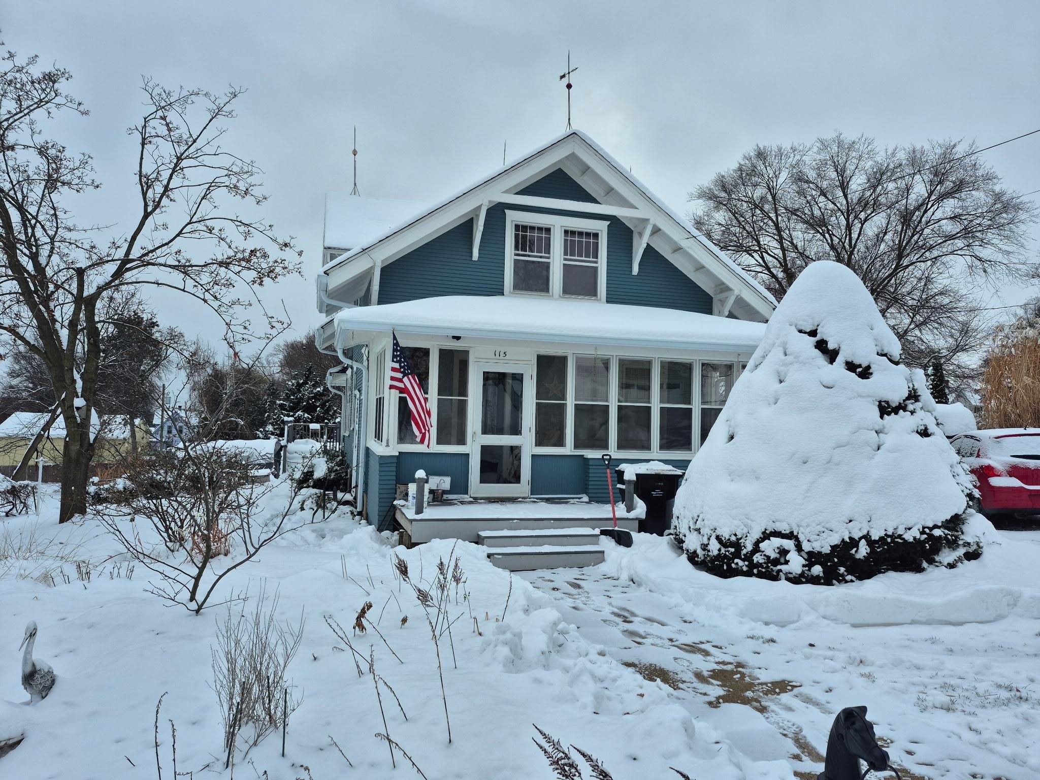 Beautiful classic Craftsman style home on quiet street in DeForest set on a terrific double lot .57 acre! Home has 4BR/2BA w/stunning original Maple hardwoods on the main lvl. 1 main level bedroom + 3 bedrooms upstairs w/ a bathroom on each lvl. Sunny kitchen has charming original swing door, SS appliances w/new dishwasher(2024), gas stove, pantry & knotty pine ceiling. Classic enclosed front 3 season porch + enclosed porch at the back of home leads to the oversized maintenance-free deck (2010) overlooking a private southwest-facing yard w/shed, apple trees, garden space & mature privacy trees. House painted ~2 years ago & new 6" gutters (2025). Attic re-insulated; updated electrical panel w/old wiring removed; insulated sill boxes & buried downspouts. Dry basement includes solid poured co
